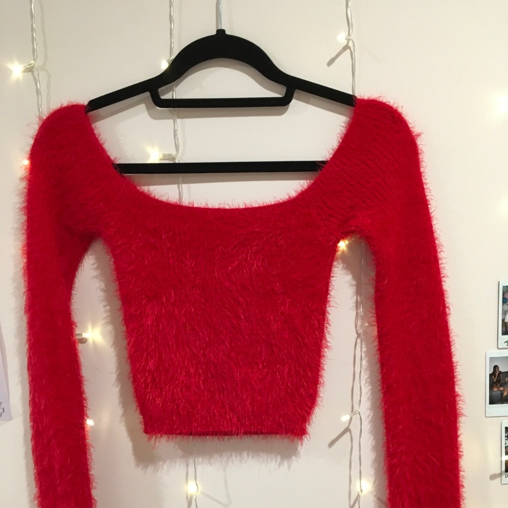 off the shoulder long sleeve fuzzy red top